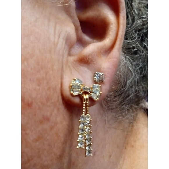New - Shiny Bowknot Crystal Drop Earrings Sparkling Cubic Zirconia Long Tassel - Picture 5 of 5